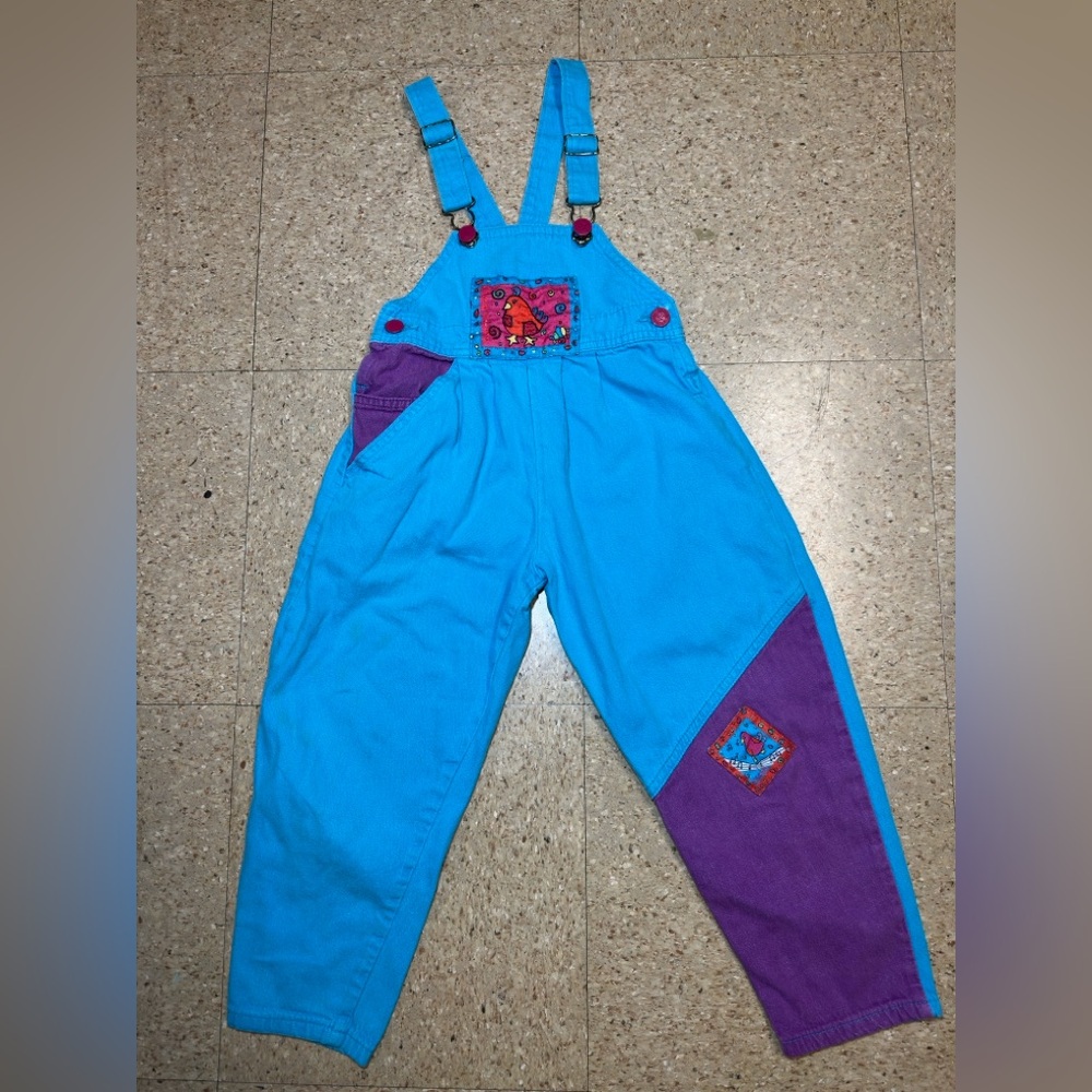 VTG 90s Oshkosh B'Gosh Overalls Blue Purple Bird USA Colorblock Sz 6 RARE
